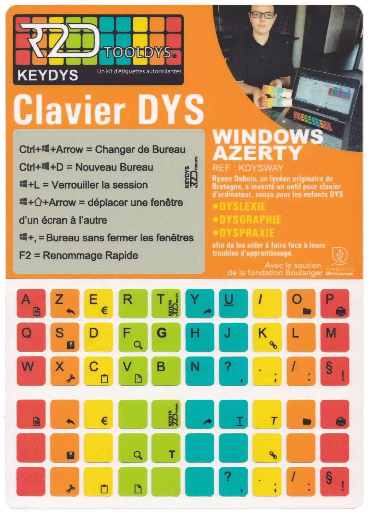 Kit de stickers autocollants KEYDYS pour clavier Windows-Azerty pour porteurs de troubles DYS ou de handicap.